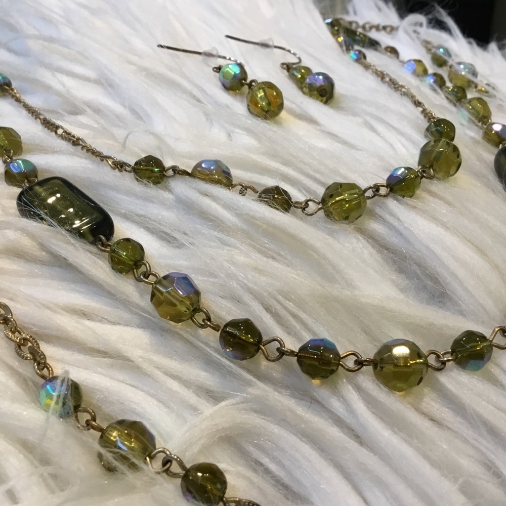 Vintage AB Blue Green Triple Strand Faceted Beads with Matching Earrings